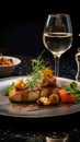 high-end gastronomic experience: meticulously plated cuisine, ambient dining setting, fine wine pairings, upscale service