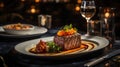 high-end gastronomic experience: meticulously plated cuisine, ambient dining setting, fine wine pairings, upscale service