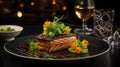 high-end gastronomic experience: meticulously plated cuisine, ambient dining setting, fine wine pairings, upscale service