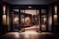 high-end hotel, with brushed steel and glass doors, leading to the warm and inviting lobby