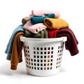 High-end image of laundry clothes stacked inside a white basket placed against a plain white backdrop Royalty Free Stock Photo