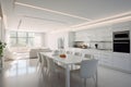 High-end interior design featuring a seamless white kitchen, dining, and living space Royalty Free Stock Photo
