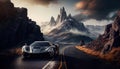 High End Luxury Car On Street With Mountain Landscape in Background - Generative AI