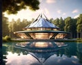 high end luxury modern exterior villa in forest next to lake. epic royal background, big royal uncropped crown, hyperrealistic,