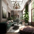 High End Magazine Illustration of a living room interior, AI Generative, green tones