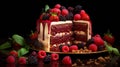 High-end Photography Of Red Velvet Cake With Golden Crust And Berries