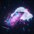 Futuristic Smartphone Cloud Integration with Glowing Data Particles and UI Elements Royalty Free Stock Photo