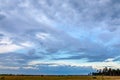 High evening sky with dark and light pinnate clouds over narrow flat field land and forest edge at sunset Royalty Free Stock Photo