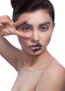 High Fashion Beauty Model Girl with Black Make up and Long Lushes. Black Lips. Dark Lipstick and White Skin. Vogue Style Royalty Free Stock Photo