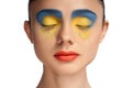 High fashion look, closeup beauty portrait,bright makeup with perfect clean skin with colorful red lips and blue yellow