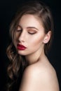 High fashion look. glamor closeup portrait of beautiful stylish brunette young woman model with bright makeup with red lips.