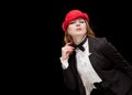 High fashion look. portrait of beautiful sexy young female woman with red lips on black background with hat Royalty Free Stock Photo