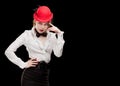 High fashion look. portrait of beautiful sexy young female woman with red lips on black background with hat Royalty Free Stock Photo