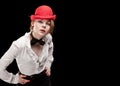 High fashion look. portrait of beautiful sexy young female woman with red lips on black background with hat Royalty Free Stock Photo