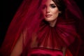 High fashion magazine closeup portrait of dark bride lady wear ruby dress lace veil posing tender sensual passionate