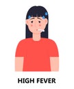 High fever of girl icon vector. Flu, cold, coronavirus symptom is shown. Woman is feverish and taking thermometer