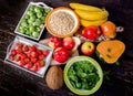 High Fiber Foods on a dark wooden table. Royalty Free Stock Photo