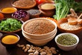high-fiber foods including whole grains, lentils arranged in a bowl Royalty Free Stock Photo