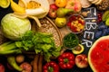 High Fiber Foods on a wooden background. Flat lay Food Highest in Fiber. Healthy diet eating. top view Royalty Free Stock Photo