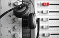 High fidelity sound guard headphones over sound mixer Royalty Free Stock Photo