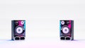 High fidelity stereo loudspeakers on white background and neon lights. Digital 3D render