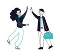 High five. Business partners meeting, happy woman and man. Friendship, female and male friend vector characters