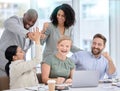 High five, business people portrait and success of stock market investment team in a office. Trading, winner and Royalty Free Stock Photo