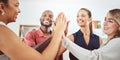 High five, business teamwork and global success with black man, women and creative collaboration. Smile, happy and Royalty Free Stock Photo