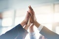 High five, businesspeople and their hands together for cooperation with lens flare. Collaboration or teamwork, group or Royalty Free Stock Photo