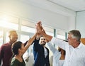 High five, celebrating and winning business team or cheerful successful company with diverse people. Positive, unity and Royalty Free Stock Photo