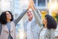 High five, diversity business people and hands in office for teamwork, motivation and collaboration. Excited group of Royalty Free Stock Photo