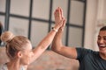High five, fitness and people teamwork, sports goals and collaboration gym training, team building or support. Athlete Royalty Free Stock Photo