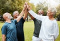 High five, fitness and senior men friends in park for teamwork, exercise target and workout mission together with Royalty Free Stock Photo