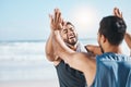 High five, fitness success and people at beach in celebration, winning and workout goals or target. Training, exercise Royalty Free Stock Photo