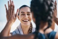 High five, fitness success and woman with workout celebration, winning and exercise goals or teamwork. Training, sports Royalty Free Stock Photo