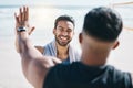 High five, fitness winner and people at beach celebration, success and workout goals or teamwork. Training, exercise and Royalty Free Stock Photo