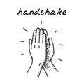 High five handdrawn illustration. Cartoon vector clip art of two hands giving high five for great work. Black and white sketch of