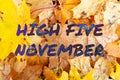 High Five November. autumn nature background. garland of yellow maple leaves in park. beautiful autumnal landscape, golden fall Royalty Free Stock Photo