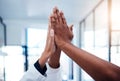 High five, success and doctors celebrating teamwork, medical collaboration and support in a hospital. Closeup of