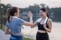 High five successful and fit friends with goals, motivation and a winning attitude in celebration of goals, sports Royalty Free Stock Photo