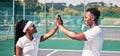 High five, tennis and sports couple or black people with success, competition congratulations or support in game Royalty Free Stock Photo