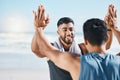 High five, training success and people at beach celebration, winning and workout goals or teamwork. Fitness, exercise Royalty Free Stock Photo