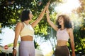 High five, yoga for fitness and woman friends outdoor together for success, support or motivation. Exercise, teamwork Royalty Free Stock Photo