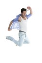 High fly man jumping denim fashion jeans on white