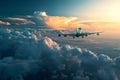 High-flying Airplane flies clouds travel. Generate Ai Royalty Free Stock Photo