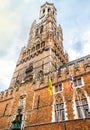 High-format shot of the famous Belfry at the Great Market in Bruges