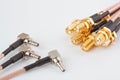 High-frequency ipx to sma female cable connector with gold plated pins background Royalty Free Stock Photo