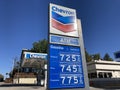 High gas price sign. Chevron gas station is selling regular gasoline for over 7 dollars a gallon. California average gas prices Royalty Free Stock Photo