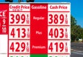 High gas prices on red sign. Cash, Credit, Debit price for regular, plus and premium gasoline Royalty Free Stock Photo