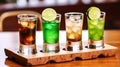 High Glasses with Cocktail Green Mexican Set on Wooden Board and Bar Table for Alcoholic Party. Decorated Ice Cubes, Coffee Bean